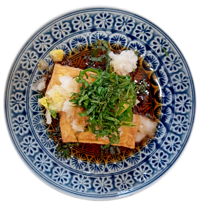 Atsuage-Tofu mit Rettich, Ingwer und Shiso